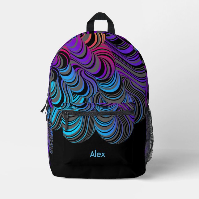 Flowing Waves of Blue, Purple & Grey on Black  Printed Backpack (Front)