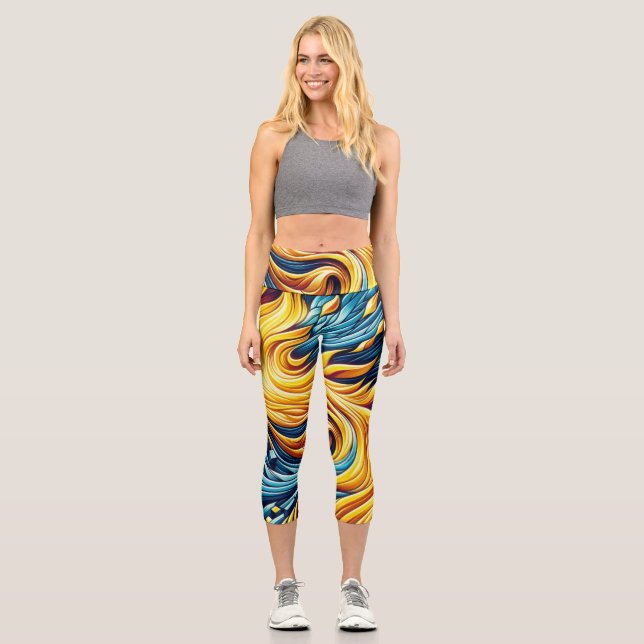 Flowing Yellow Fire Ice Geometric Pattern Capri Leggings (Front)