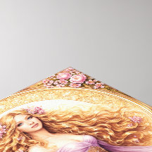 Flowy golden hair lady in dress by flowers
