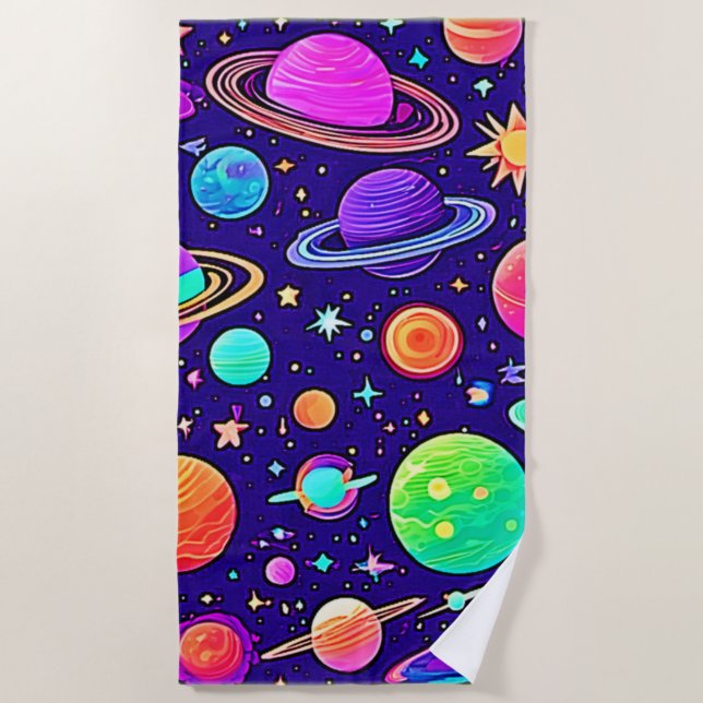 Flowy Neons: Planets & Stars Beach Towel (Front)