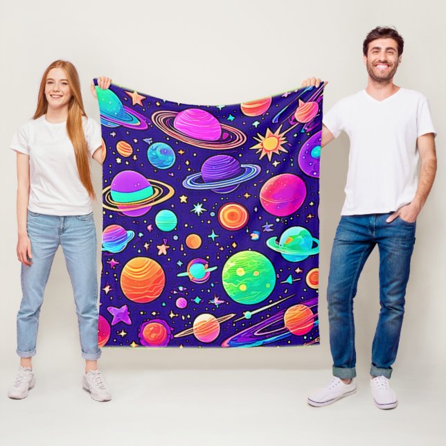 Flowy Neons: Planets & Stars Fleece Blanket (In Situ)