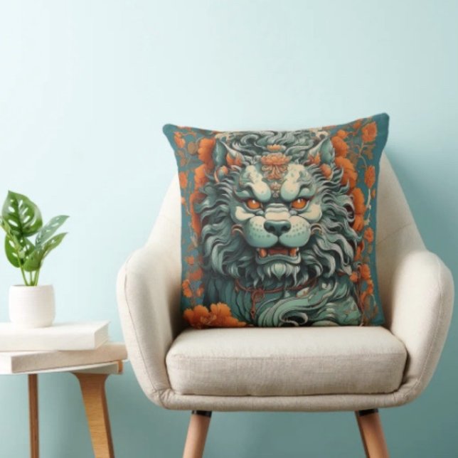 Flu Lion of Wisdom  Cushion (Asian Lion Head  pillow high quality 100% polyester hidden zipper enclosure. Made in the USA. )