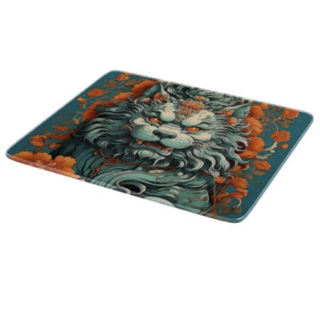 Flu Lion of Wisdom  Cutting Board (Asian Lion Head glass cutting board hand-pressed tempered glass five different sizes.)