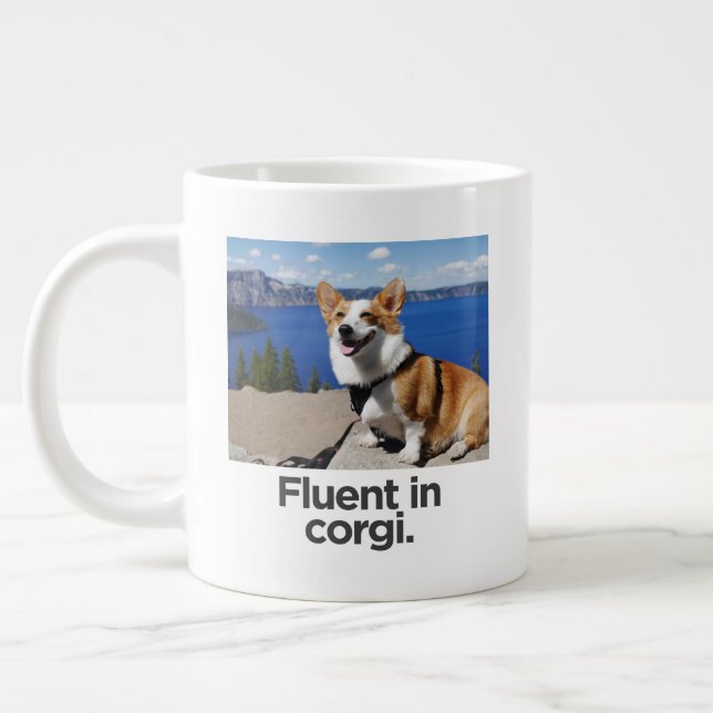 'Fluent in corgi.' Customisable Photo Funny Corgi  Large Coffee Mug (Left)