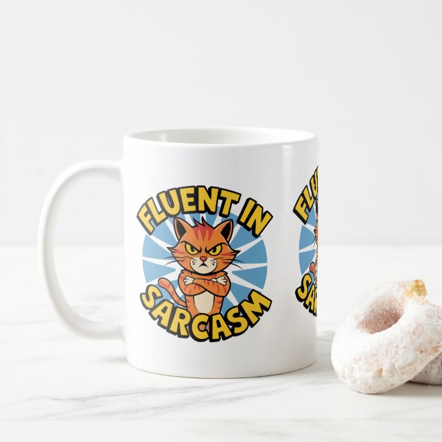 Fluent In Sarcasm Funny Cat Lovers Cat Moms & Dads Coffee Mug (With Donut)