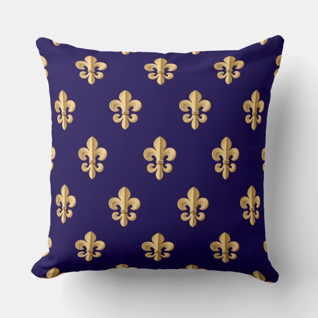 Fluer De Lis Blue and Gold Throw Pillow (Front)