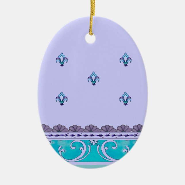 Fluer De Lis Blue Swirl Design Ceramic Tree Decoration (Front)