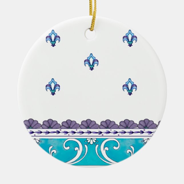 Fluer De Lis Blue Swirl Design Ceramic Tree Decoration (Front)