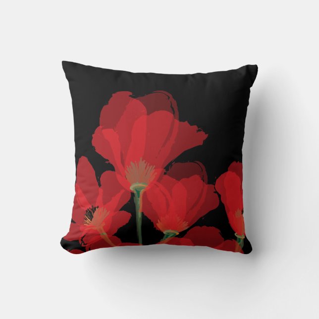 Fluers de Pavot Rouge sur Noir Cushion (Front)