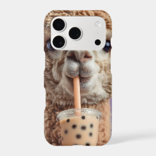 Fluffy Alpaca Portrait Drinking Boba Bubble Tea