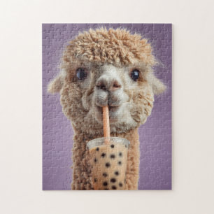 Fluffy Alpaca Portrait Drinking Boba Bubble Tea Jigsaw Puzzle