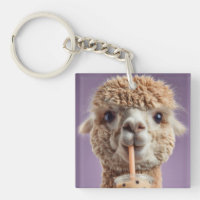 Fluffy Alpaca Portrait Drinking Boba Bubble Tea