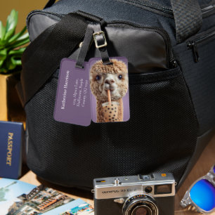 Fluffy Alpaca Portrait Drinking Boba Bubble Tea Luggage Tag