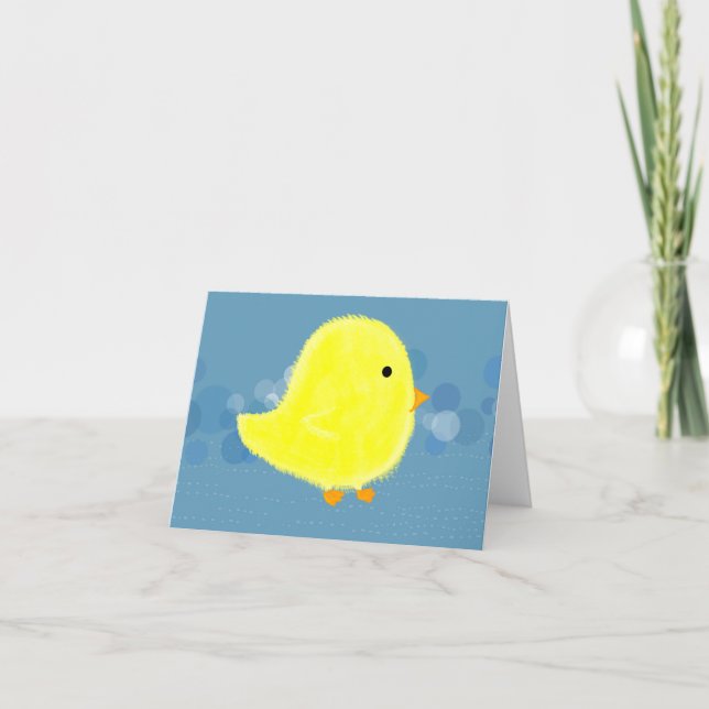Fluffy Baby Chick With Blue Note Card (Front)