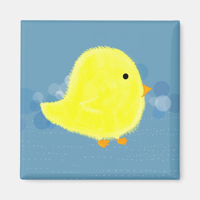 Fluffy Baby Chick With Blue Square Magnet (Front)