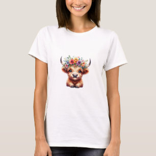 Fluffy Baby Highland Cow with Floral Crown – Cute T-Shirt
