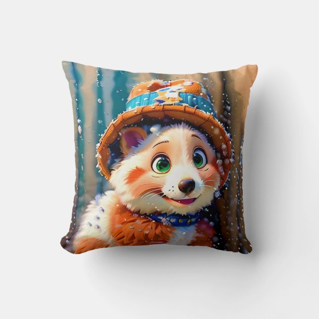 Fluffy Bear in Winter Hat Christmas Design OWN ART Cushion (Front)