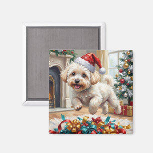 Fluffy Bichon Frise Dog Joyful Christmas Magnet