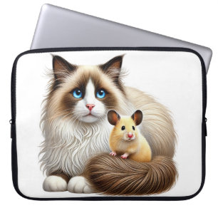 FLUFFY BIRMAN CAT WITH CUTE LITTLE MOUSE LAPTOP SLEEVE