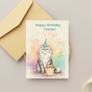 Fluffy Birthday Cat – Party Hat Cat with Cake Postcard