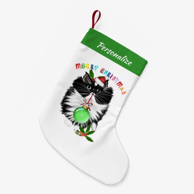 Fluffy Black And White Cat Santa Hat Christmas Small Christmas Stocking (Front (Hanging))