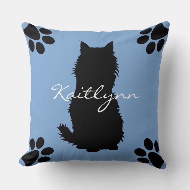 Fluffy Black Cat and paws on Blue Cushion (Front)