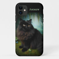 Fluffy Black Cat in Misty Woods
