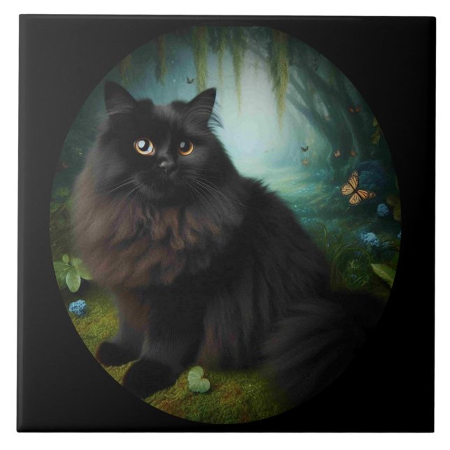 Fluffy Black Cat in Misty Woods Ceramic Tile (Front)