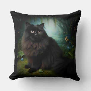 Fluffy Black Cat in Misty Woods Cushion
