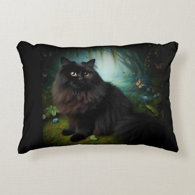 Fluffy Black Cat in Misty Woods Decorative Cushion (Front)