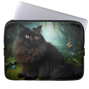 Fluffy Black Cat in Misty Woods Laptop Sleeve