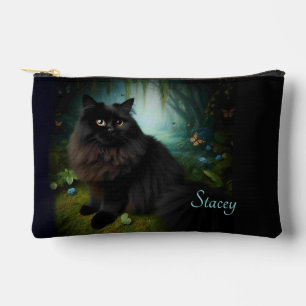 Fluffy Black Cat in Misty Woods Name Front Accessory Pouch