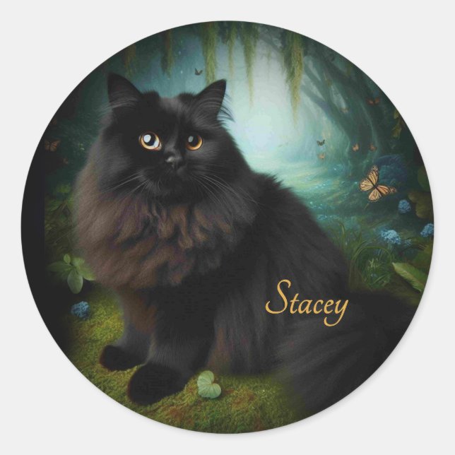 Fluffy Black Cat in Misty Woods Name Front Classic Round Sticker (Front)
