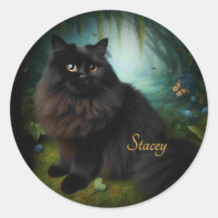 Fluffy Black Cat in Misty Woods Name Front Classic Round Sticker