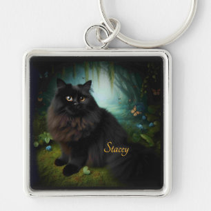 Fluffy Black Cat in Misty Woods Name Front Key Ring