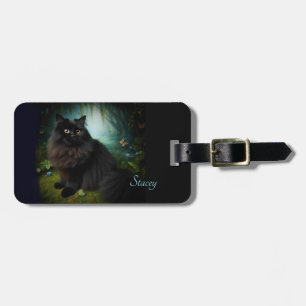 Fluffy Black Cat in Misty Woods Name Front Luggage Tag