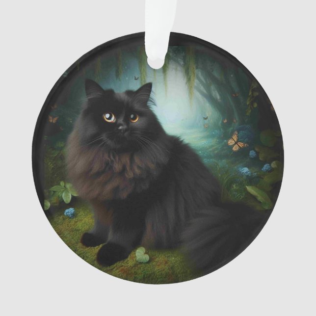 Fluffy Black Cat in Misty Woods Ornament (Front)