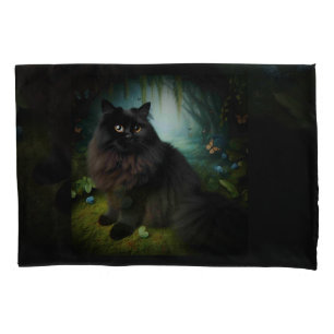 Fluffy Black Cat in Misty Woods Pillowcase