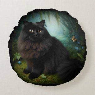 Fluffy Black Cat in Misty Woods Round Cushion