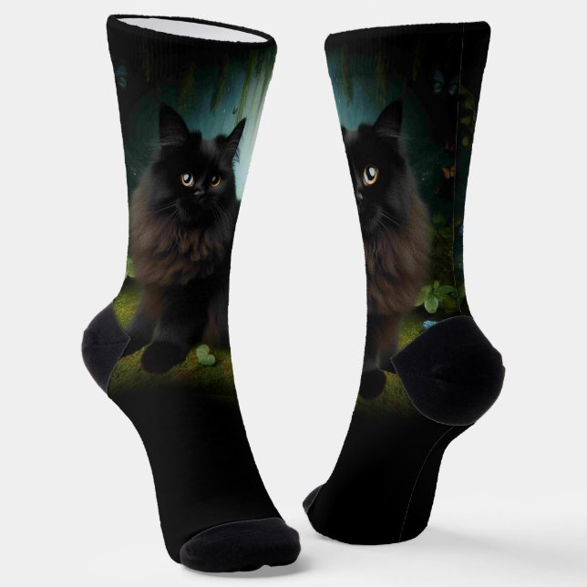 Fluffy Black Cat in Misty Woods Socks (Angled)