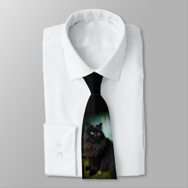 Fluffy Black Cat in Misty Woods   Tie (Tied)