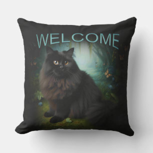Fluffy Black Cat in Misty Woods Welcome Cushion