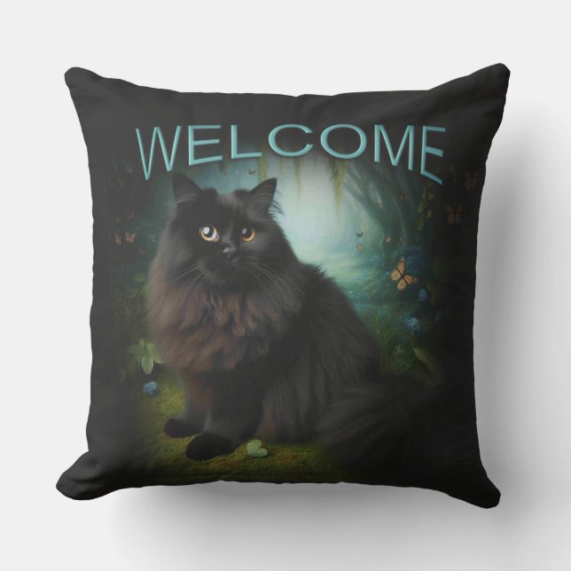 Fluffy Black Cat in Misty Woods Welcome Cushion (Front)