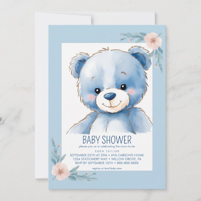 Fluffy blue bear baby shower invitations (Front)