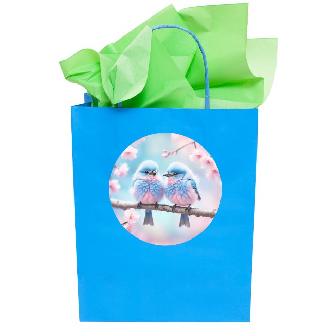  Fluffy Bluebirds and Cherry Blossom Baby Shower Classic Round Sticker (A sweet pastel birds sticker to decorate your gift bag or scrapbook.)