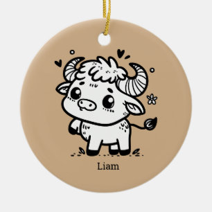 Fluffy Buffalo Baby - Kawaii Farm Animal Ceramic Ornament