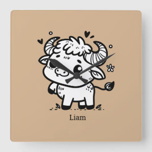 Fluffy Buffalo Baby - Kawaii Farm Animal Square Wall Clock