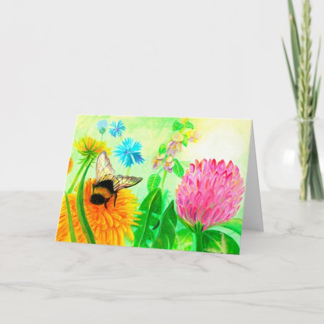 Fluffy Bumblebee on a Dandelion Flower  Card (Front)