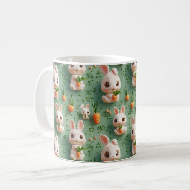 Fluffy Bunnies and Carrots 3D Seamless Pattern Coffee Mug (Front Left)