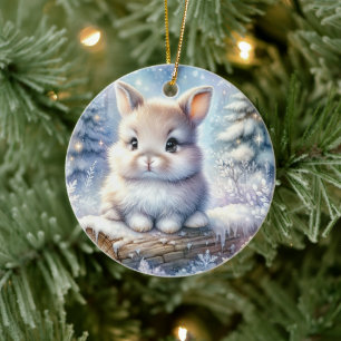 Fluffy Bunny in Frosted Pines Ceramic Ornament